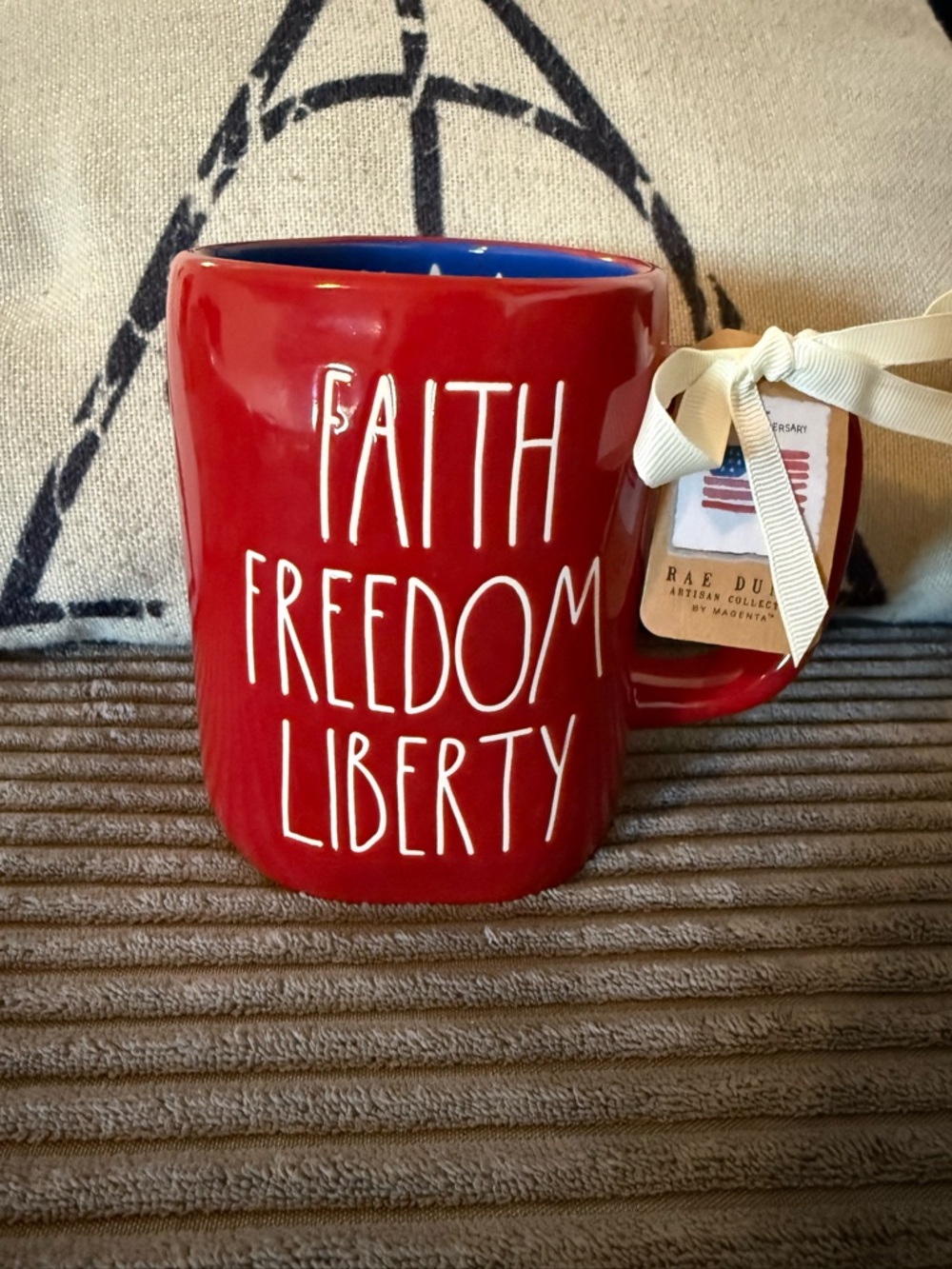 Rae Dunn Red Ceramic Mug with Blue Interior- FAITH FREEDOM LIBERTY- NWT